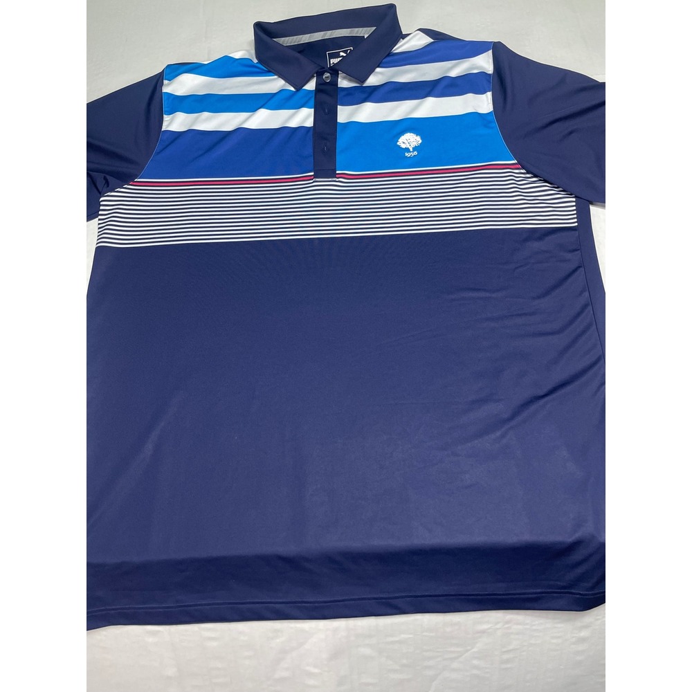 Puma Golf Mens XL Blue Striped Colorblock Performance Polo Shirt 1956 Tree Logo